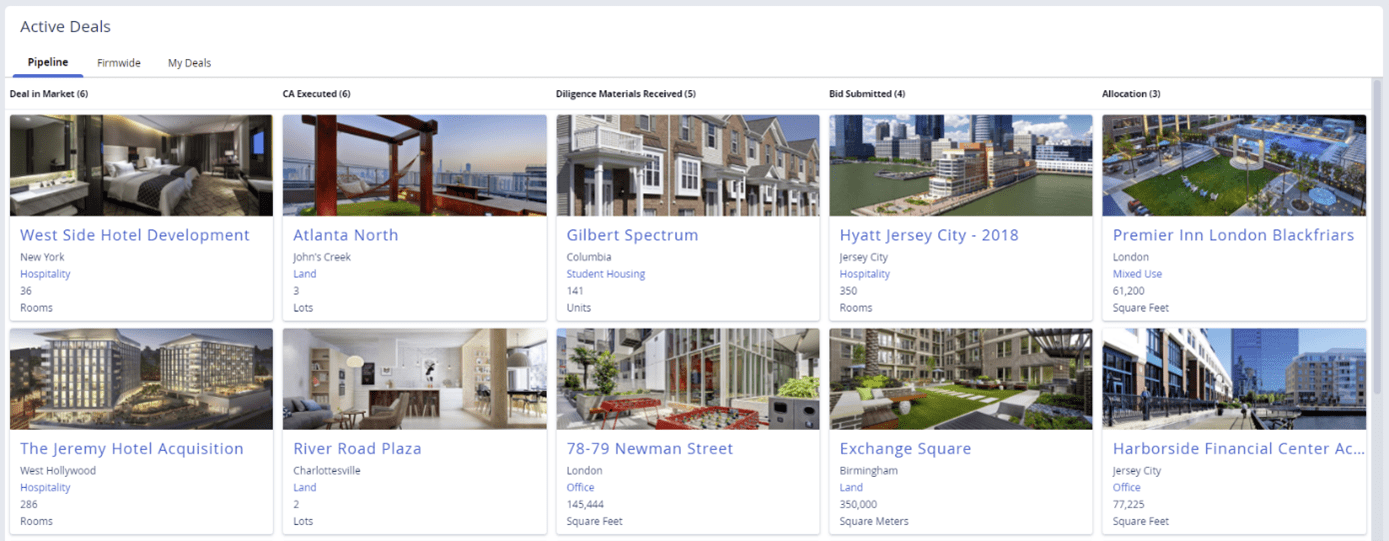 A screenshot of a real estate investments dashboard in DealCloud